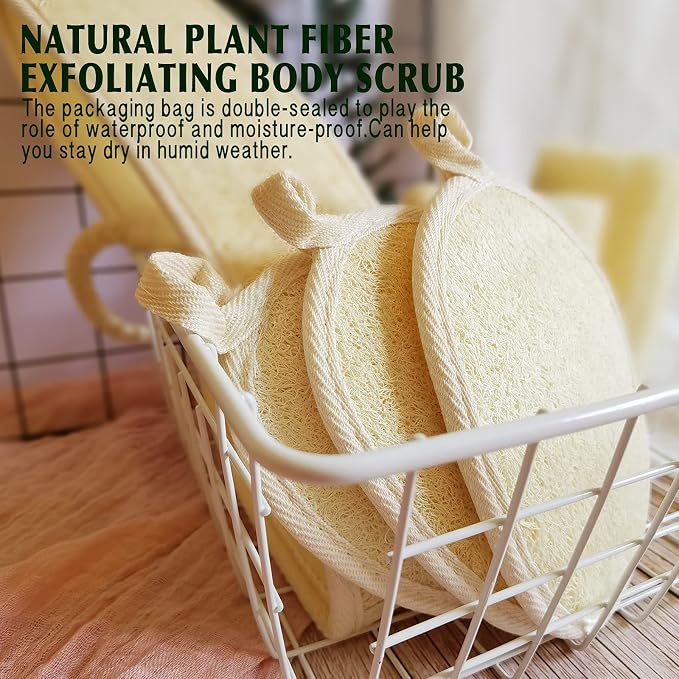 Natural Loofah Bath Sponge (4-Pack) - Dual-Sided Exfoliating Body Scrubber, Eco-Friendly Biodegradable Shower Pad for Gentle Deep Cleansing