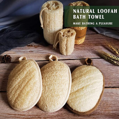 Natural Loofah Bath Sponge (4-Pack) - Dual-Sided Exfoliating Body Scrubber, Eco-Friendly Biodegradable Shower Pad for Gentle Deep Cleansing